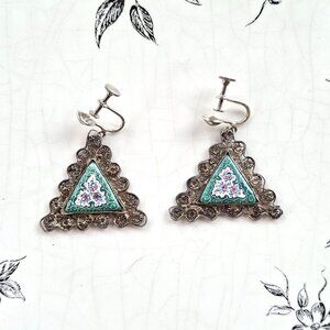 Antique Silver Filigree Hand Painted Porcelain Persian Earrings